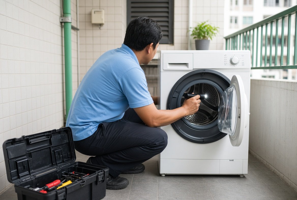 Technician repairing a washing machine in a Singapore home